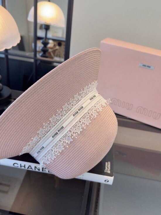 Miu Miu Pink Straw Bucket Hat with Lace Trim main image 5